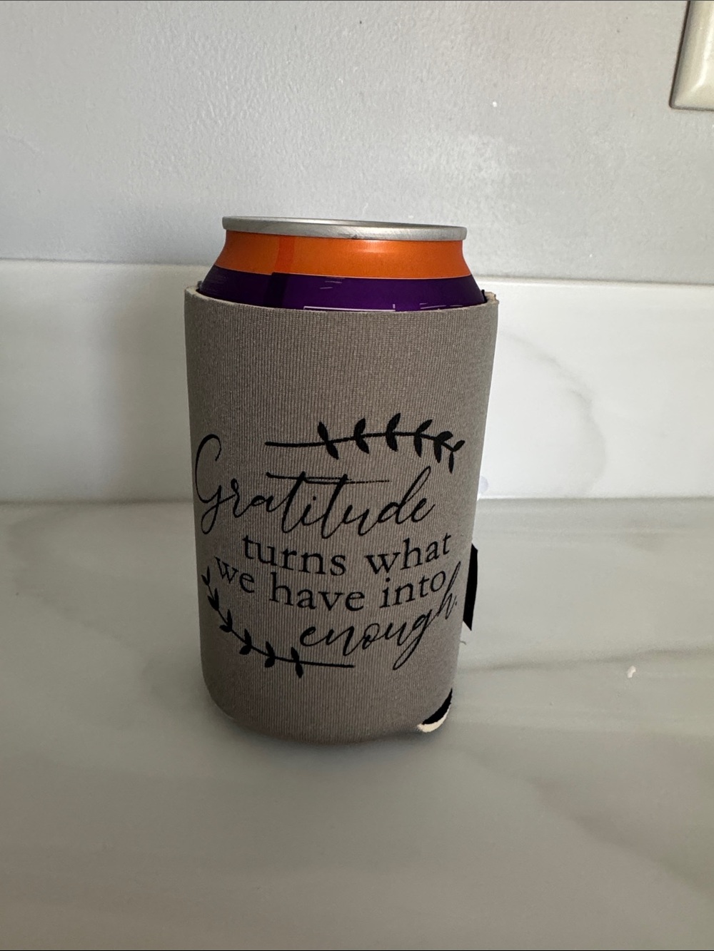 Gratitude Script Can Cooler -Grey with Black Text. Sold as a lot of 34